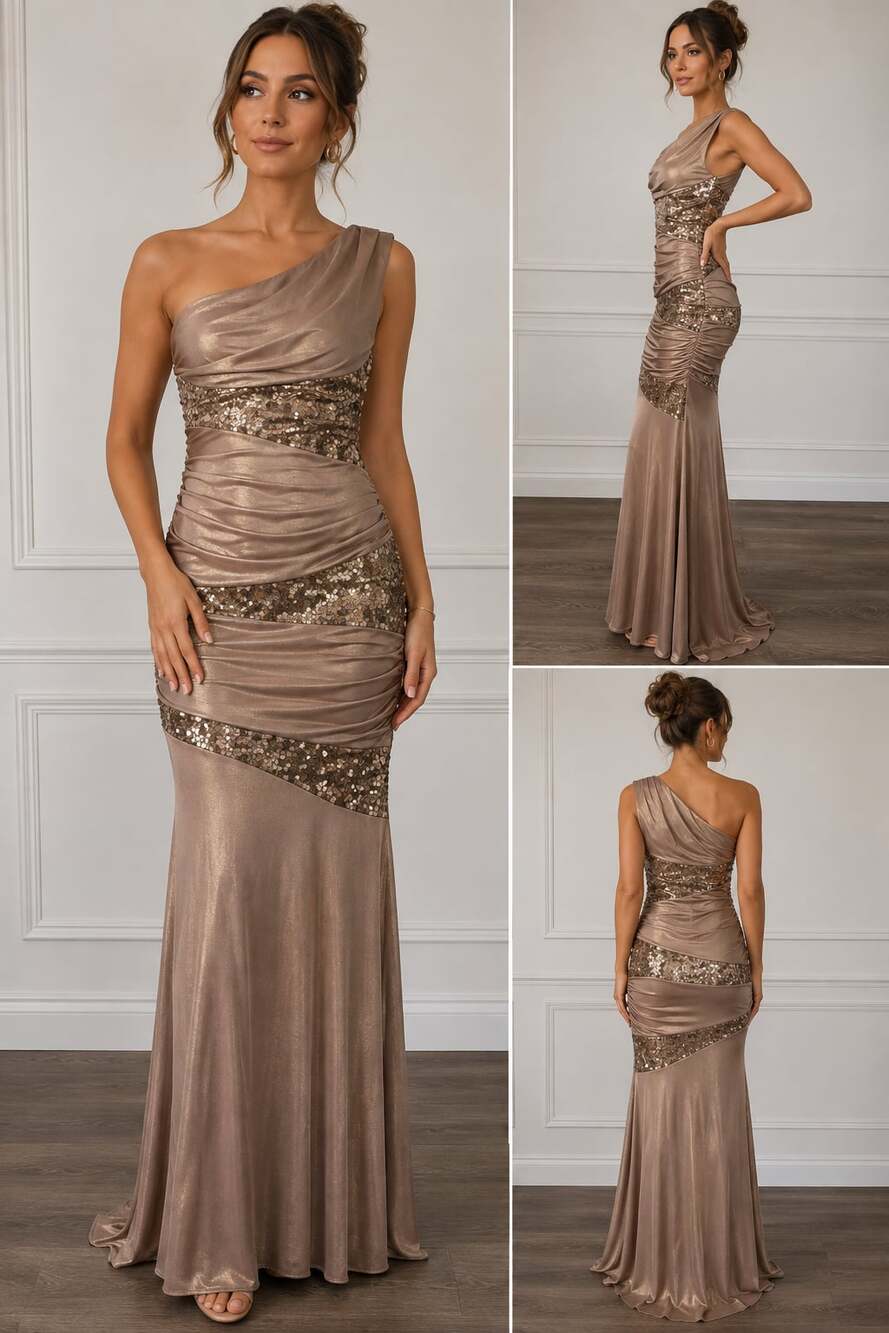 Xtraordinary Womens Small Champagne Metallic Sequin Ruched Maxi Formal Dress